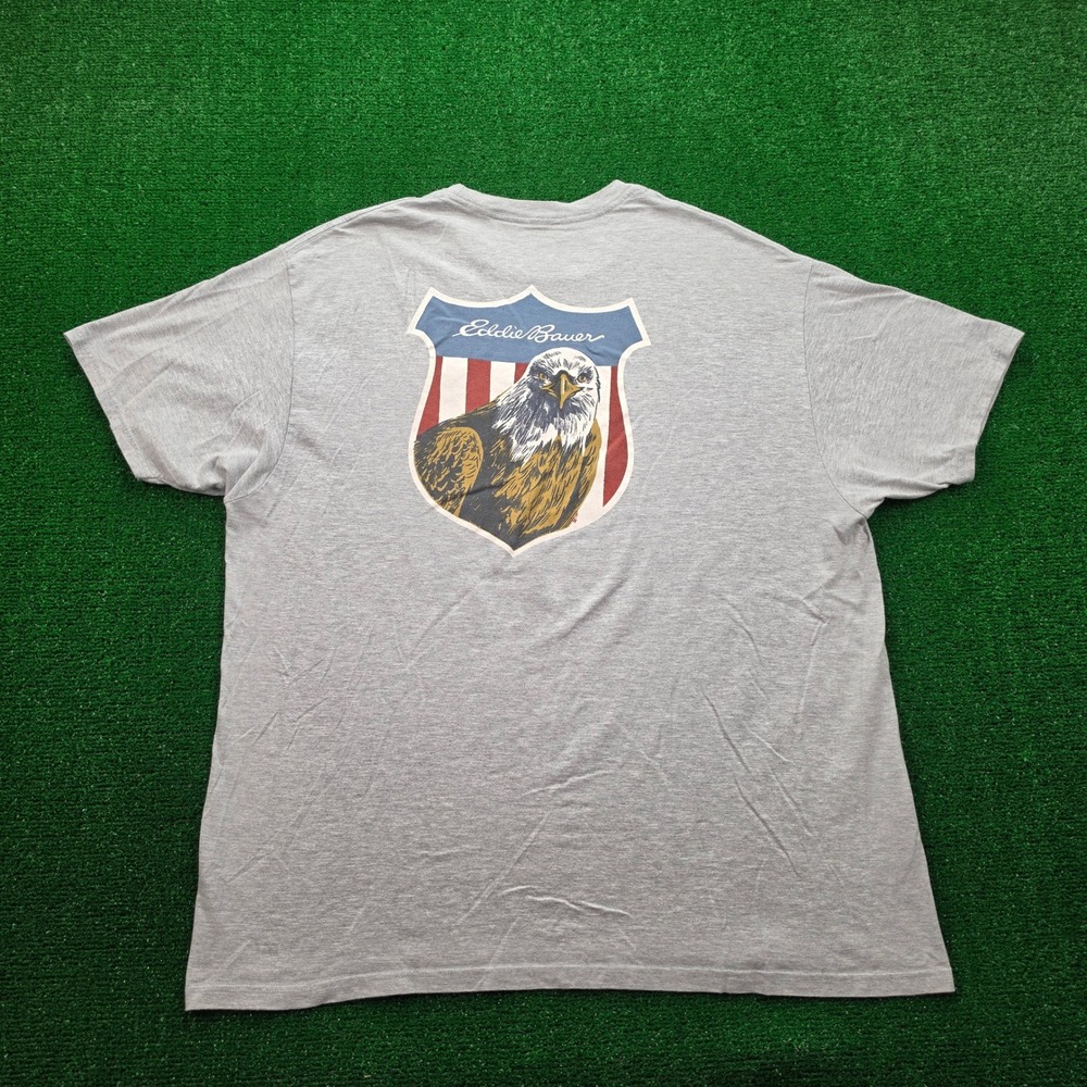 Eddie Bauer Tshirt Mens 2XL Heather Gray Patriotic Bald Eagle Shield Graphic Tee